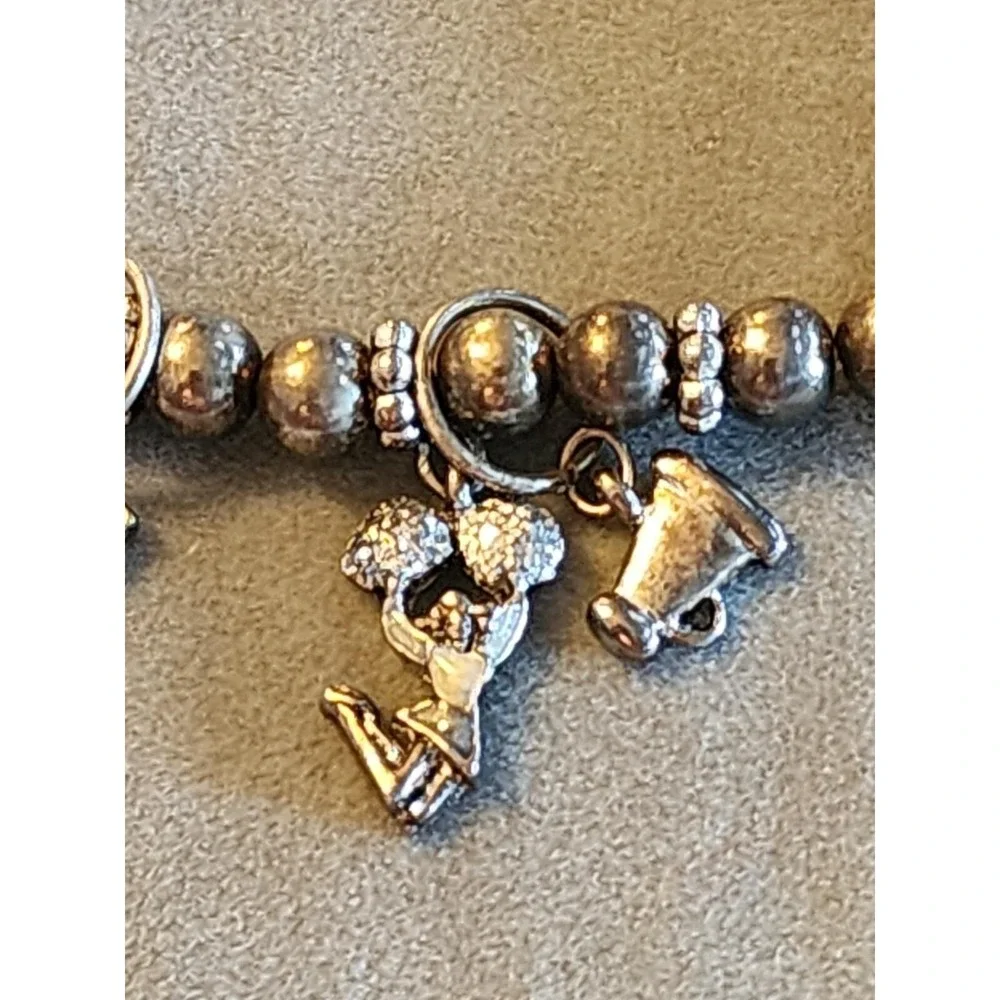 Cheerleader Cheer Mom Megaphone Enamel Charm Bracelet Gray Beaded FREE $HIP